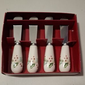 St. Nicholas Square Holiday Cheese Spreaders - White, Green, Red. Set Of 4